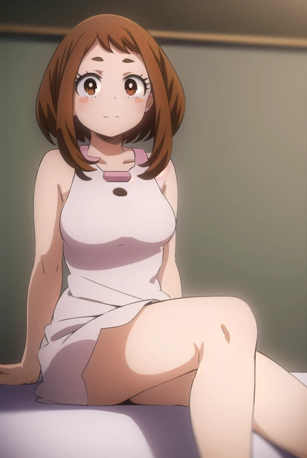 ochaco_uraraka, 1girl, porn poster, movie poster, laying on back spreading legs open to camera, spreading pussy open, cum dripping out of pussy, pussy dripping onto bed, solo, blush_stickers, naked, boobs, pink pussy, cleavage, large breast, lewd, nsfw, waifu, looking_at_viewer, night, teeth, bedroom, indoors, blush, cowboy_shot, laying on bed