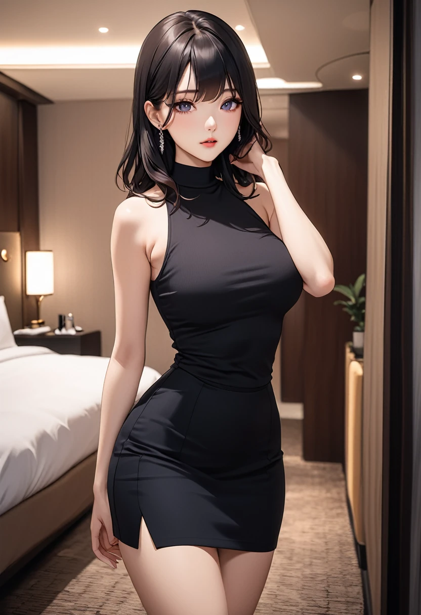 masterpiece, high resolution, beautiful woman, Korean Beauty, 30 years old, black sleeve less sweater, mini pencil skirt, beautiful woman, night hotel, standing and looking at me, high resolution face, (high resolution eyes), black hair, little curvy
