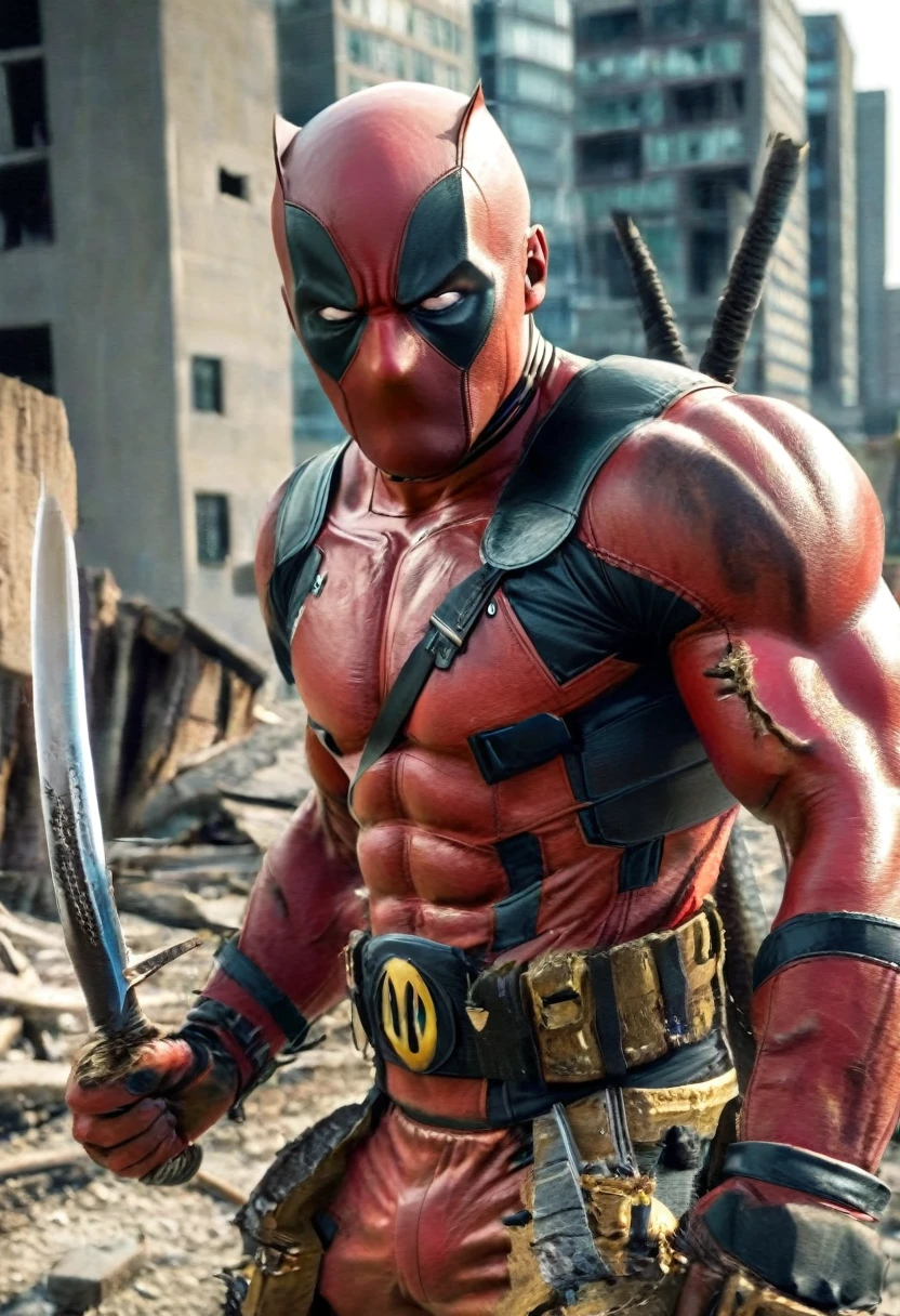 1 Wolverine and 1 Deadpool fighting, (deadpool, detailed golden outfit, detailed mascara, holding a detailed sword),(wolverine, detailed viking outfit, big muscles detailed, detailed scar face, detailed black eyes), scenario, Destroyed buildings
