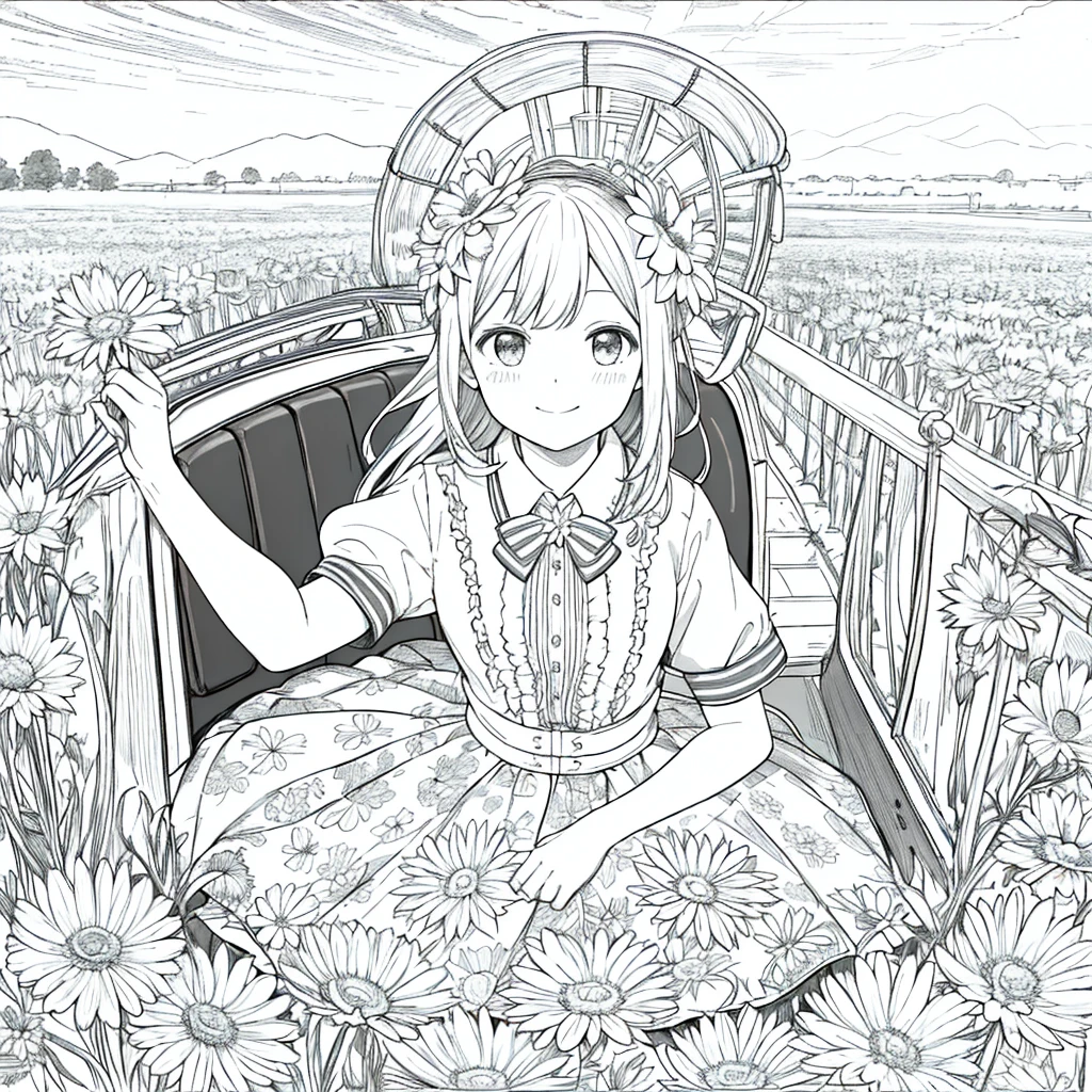 masterpiece, Highest quality, 1 Barbie, alone, wide, Watching the audience, smile, stripe, skirt, shirt, manga, sombrero, wear, bow, Participation, Closed Mouth, flower, Steering Wheel, 髪のflower, flowerびら, ramo de floweres, 固定flower, Steering Wheel centrales, Food, flower束を固定する, Field, flower, Field, Line art, Monochrome,