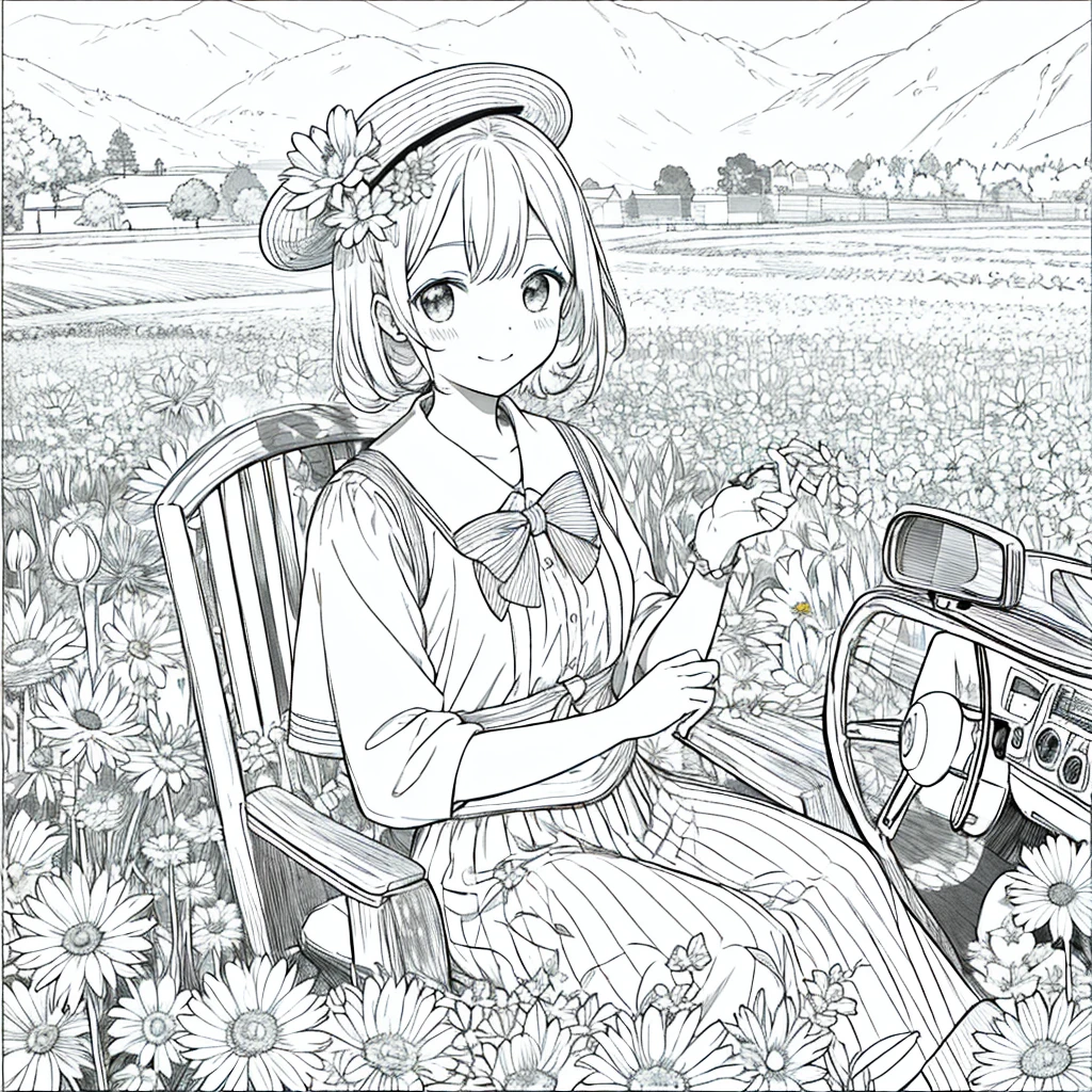 masterpiece, Highest quality, 1 Barbie, alone, wide, Watching the audience, smile, stripe, skirt, shirt, manga, sombrero, wear, bow, Participation, Closed Mouth, flower, Steering Wheel, 髪のflower, flowerびら, ramo de floweres, 固定flower, Steering Wheel centrales, Food, flower束を固定する, Field, flower, Field, Line art, Monochrome,