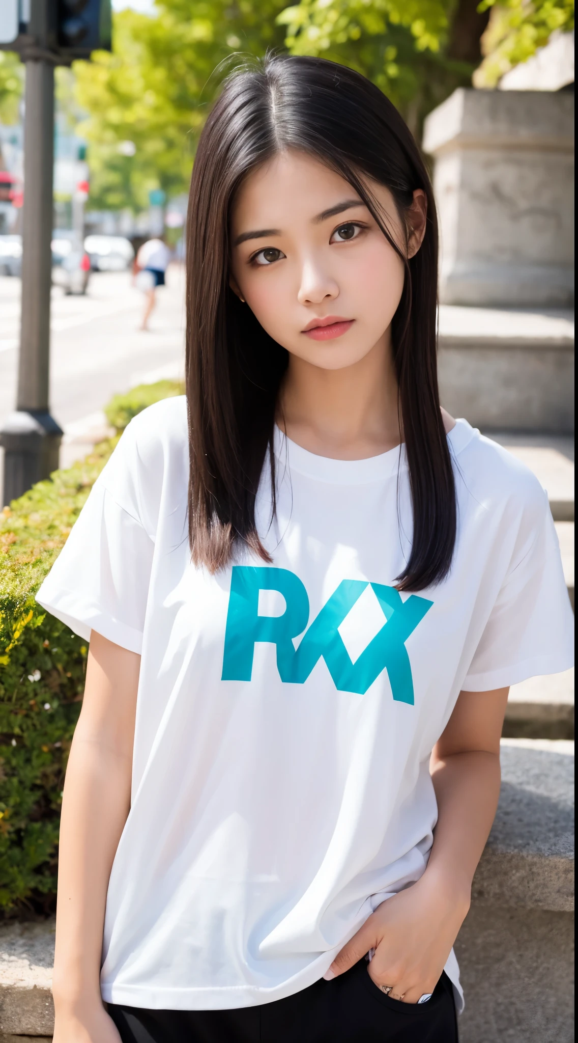 (8K, RAW photograph, Highest quality, masterpiece:1.3),(Genuine,photograph:1.37),(Black Hair),Pause,One girl,Very beautiful face,cute,(small),(Hands down))),Poggy Hairstyle,Random representation,(White T-shirt),JK_style,(Track Shorts) ,Black Hair,(19 years old),moderate,Five Fingers,Normal hand,small Mouth,Straight hair