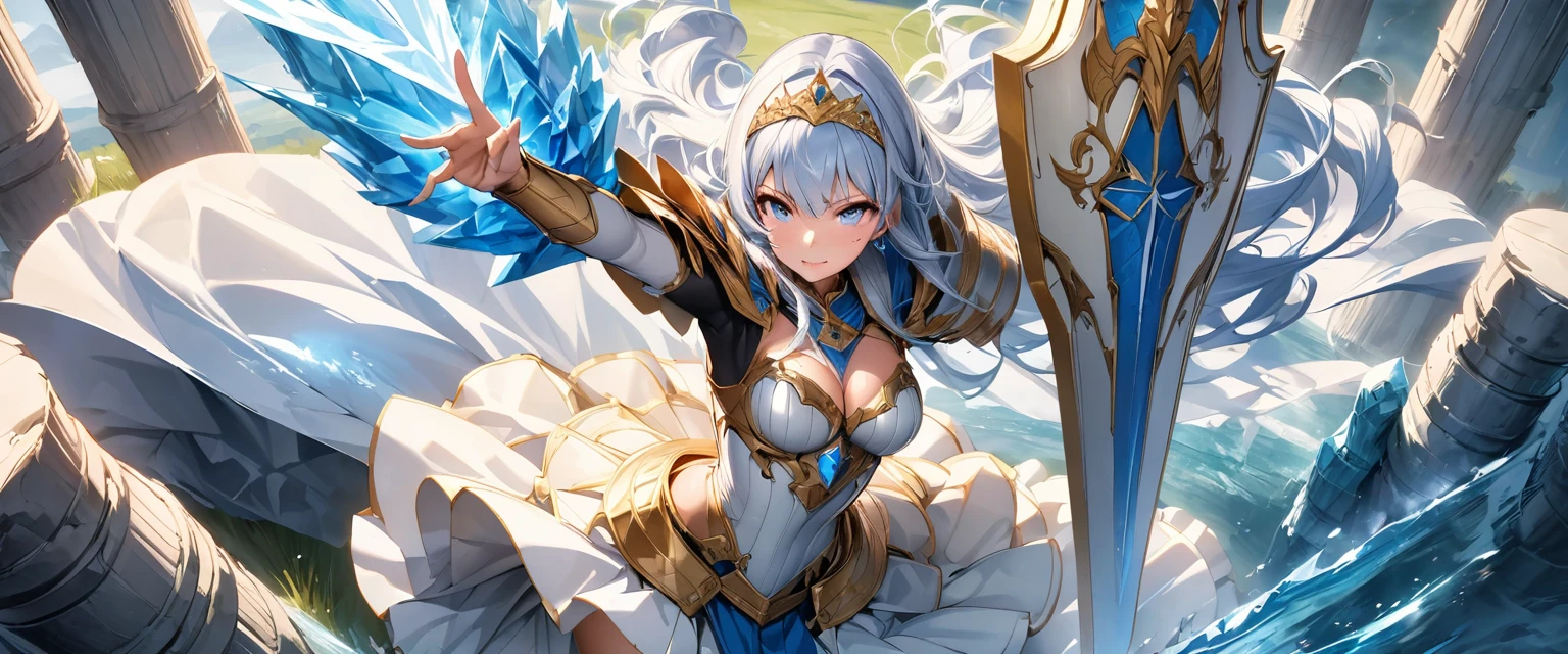 (Perfect Anatomy)、Mastepiece、Ultra High Quality、 8K、masterpiece、Highest quality、Ultra-high resolution、Maximum resolution、Very detailed、Professional Lighting、anime、woman、thin、so beautiful、Highly detailed eye、Highly detailed face、Blue and white armor, , Golden decorated luxury tiara,Golden earrings,Frilly Armor,Light blue hair, blue eyes,White underwear、Gloss Lip、Pink Lips、grassland, full body, dynamic angle, dynamic pose, Heroic pose, pillars of ice, (((long sword))), (((shield))), Defending with water magic, Making eyes glow, flying attack, Swinging down a sword, goddess armor, high heels, floating hair,