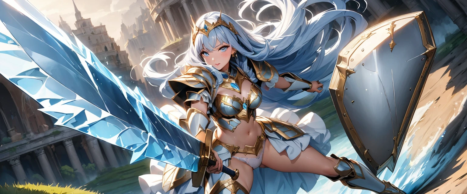 (Perfect Anatomy)、Mastepiece、Ultra High Quality、 8K、masterpiece、Highest quality、Ultra-high resolution、Maximum resolution、Very detailed、Professional Lighting、anime、woman、thin、so beautiful、Highly detailed eye、Highly detailed face、Blue and white armor, , Golden decorated luxury tiara,Golden earrings,Frilly Armor,Light blue hair, blue eyes,White underwear、Gloss Lip、Pink Lips、grassland, full body, dynamic angle, dynamic pose, Heroic pose, pillars of ice, (((long sword))), (((shield))), Defending with water magic, Making eyes glow, flying attack, Swinging down a sword, goddess armor, high heels, floating hair,