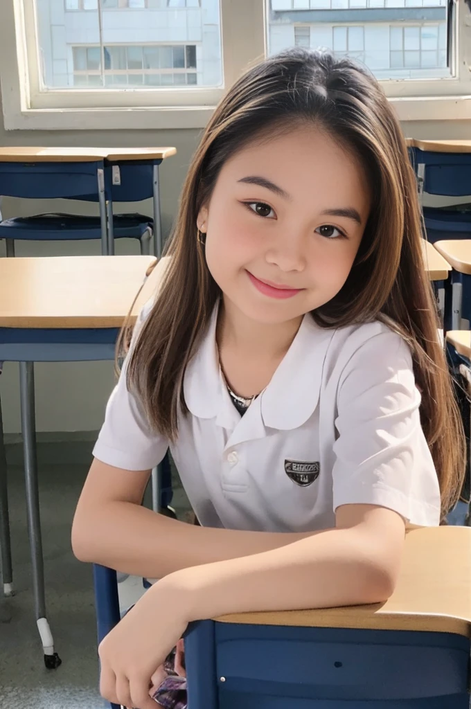 A cute girl, straight brown hair, wearing a short sleeves white shirt and gray mini skirt, is sitting in a classroom studying. She is writing in an open book with a pen, and her face is clearly visible with beautiful black eyes. The classroom has desks, chairs, windows, and a blackboard. The setting is winter, and the photo is highly detailed, ultra-high resolution, and photorealistic. The girl looks cute and beautiful, and the image quality is top-notch, with 4K and 8K resolution, capturing the scene with a 35mm lens at f/1. The photo should look like a commemorative photo, with the best quality and ultra-detailed. The girl should be posing in various ways, looking natural and realistic. The setting should be in a school located in a city or town.