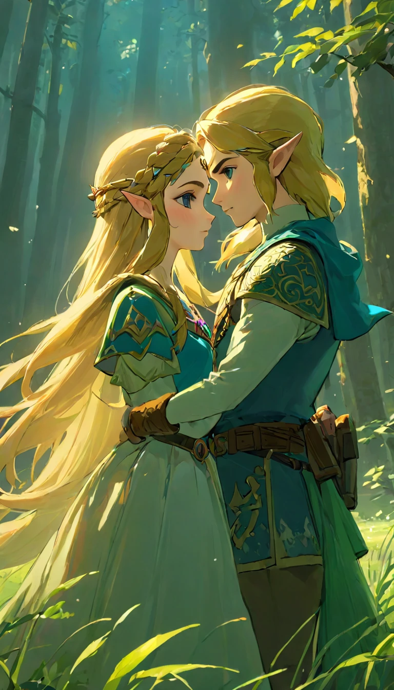 Highest quality、masterpiece、The Legend of Zelda、Link and Princess Zelda、Adventurer, whole body, Game Art Style, (masterpiece), Highest quality, High resolution, 4K, 8K, Detail View, Intricate details, Cinema Lighting, Great quality, With two people, Two people gazing at each other、pure love、Elf Ears、Ash Blonde Hair, Great shade, Soft lighting, Facing camera, Perfect Eyes