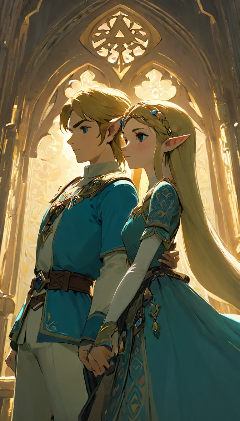 Highest quality、masterpiece、The Legend of Zelda、Link and Princess Zelda、Adventurer, whole body, Game Art Style, (masterpiece), Highest quality, High resolution, 4K, 8K, Detail View, Intricate details, Cinema Lighting, Great quality, With two people, Two people gazing at each other、pure love、Elf Ears、Ash Blonde Hair, Great shade, Soft lighting, Facing camera, Perfect Eyes