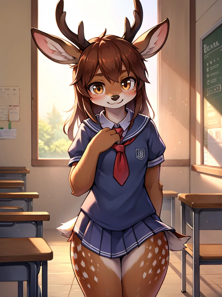 Shy sweaty deer girl pulling down on her short skirt , embarrassed, big sweaty butt, stiting on table