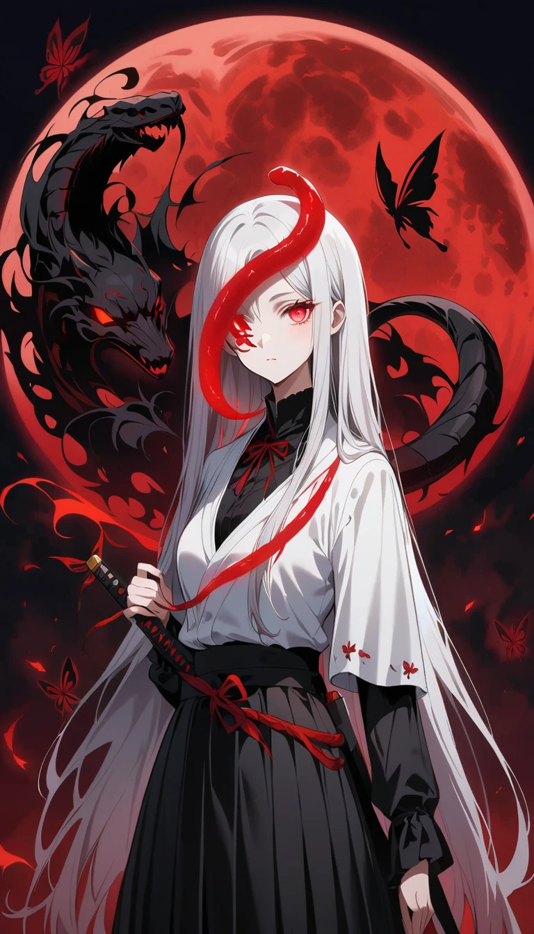 Blurred outline of existence, bright white eyes, ,Blurred outline of existence, Fully white glowing eyes,,White flowers on eyes,Fire butterflys,Anime style,1 girl,Silver long hair,White spots on eyes,Black pleated skirt,Samurai sword in hand,Elegant Posture、Red Moon、dark purple tones,Elegant and atmospheric。,(((Fluorescent snake bones)))
