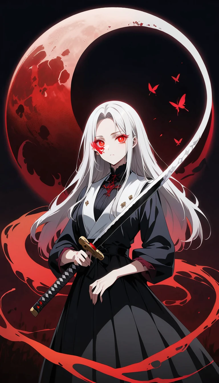 Blurred outline of existence, bright white eyes, ,Blurred outline of existence, Fully white glowing eyes,,White flowers on eyes,Fire butterflys,Anime style,1 girl,Silver long hair,White spots on eyes,Black pleated skirt,Samurai sword in hand,Elegant Posture、Red Moon、dark purple tones,Elegant and atmospheric。,(((Fluorescent snake bones)))