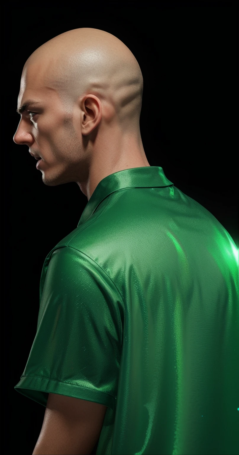 The image shows the back view of angry man with a shaved head, wearing a green collared shirt, smooth 3d model, glossy plastic texture, multiple light sources, rim light, sharp post effects render, most beautiful vfx, , realistic, 4k, high resolution, rim light, smooth 3d model. ,  glossy texture, smooth 3d model, multiple light sources, rim light, sharp post effects render, (glossy plastic texture with multiple big light probe refractions), perfect cgi,   reflective, best quality, 4k, masterpiece:1.2, ultra-detailed, realistic, vivid colors, The image of the highest quality, ensuring every detail showcased perfectly. It in 4k resolution, allowing viewers to immerse themselves in the richness of the colors and intricate details. The realistic rendering. under the spotlight, reflecting, high-resolution image, realistic rendering