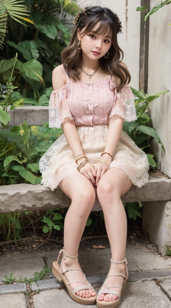 Portrait in girlish casual style for spring and summer。The model has fluffy curled bangs and light brown long hair, She wears a white lace top、Denim miniskirt、Wearing pink sandals。Accessories include floral hair clips and beaded bracelets。