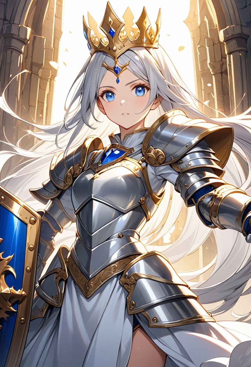 "Warrior Princess":
- Close-up view of a strong and beautiful anime-style princess warrior
- Long, flowing silver hair and piercing blue eyes
- Wearing a suit of shining silver armor with a golden crown on her head
- Holding a mighty sword in her right hand and a shield in her left
- Background: A grand, medieval-style castle with a sunny sky and fluffy white clouds