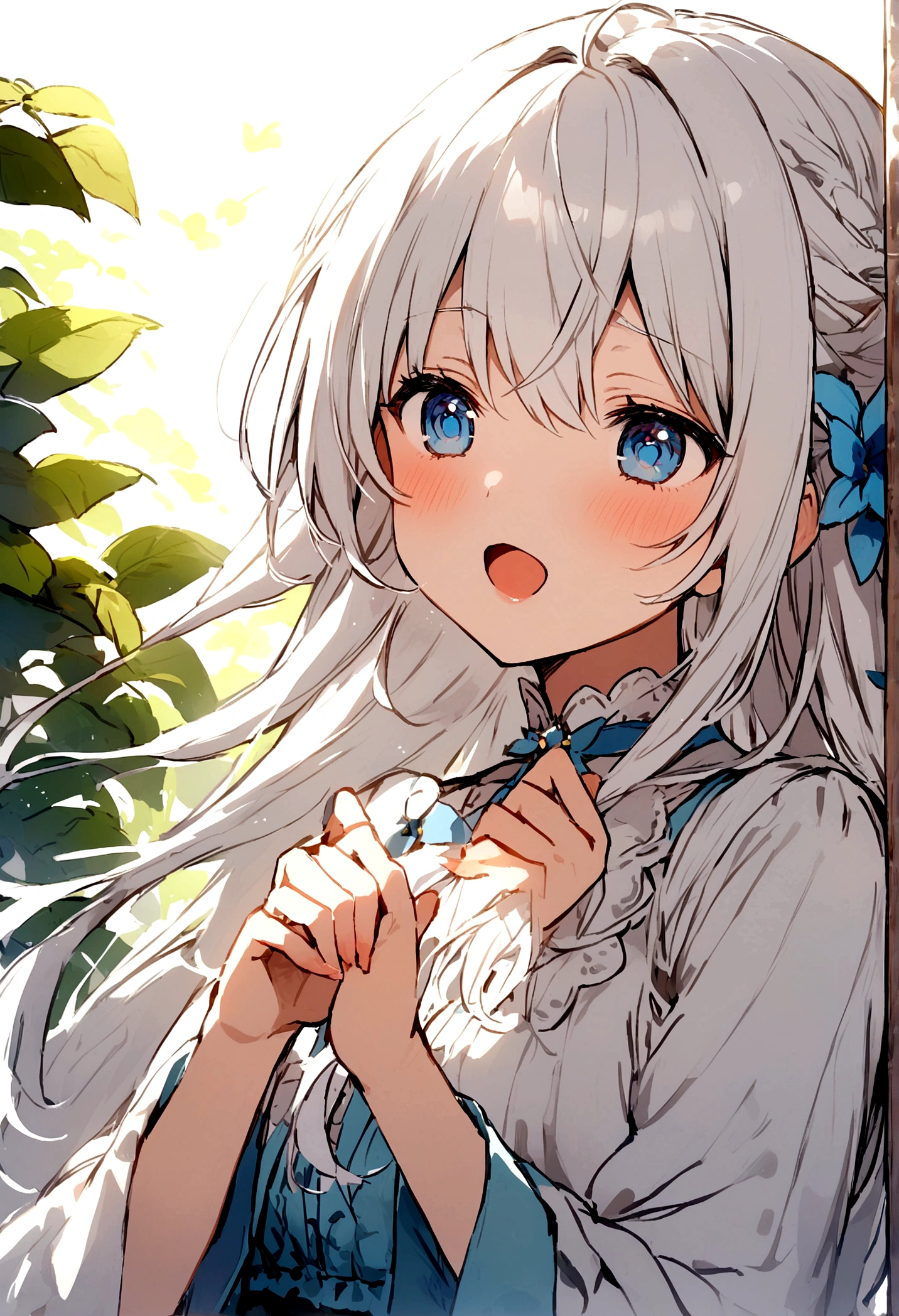 White Hair、semi-long、Grating、Blue eyes、singing、Girl