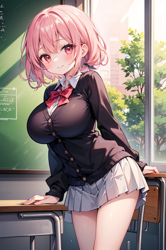 Fantasy,((Masterpiece)),((high resolution)),((Best Quality)),Anime illustration,(((1girl))),,(wavy hair),(short hair),(pale pink hair color),small ponytail,Red eyes,(Big round eyes),((tareme)),,((loli face)),ry big breasts)),Short stature,Young,,,cardigan,mini skirt,smile,Ladylike,classroom,