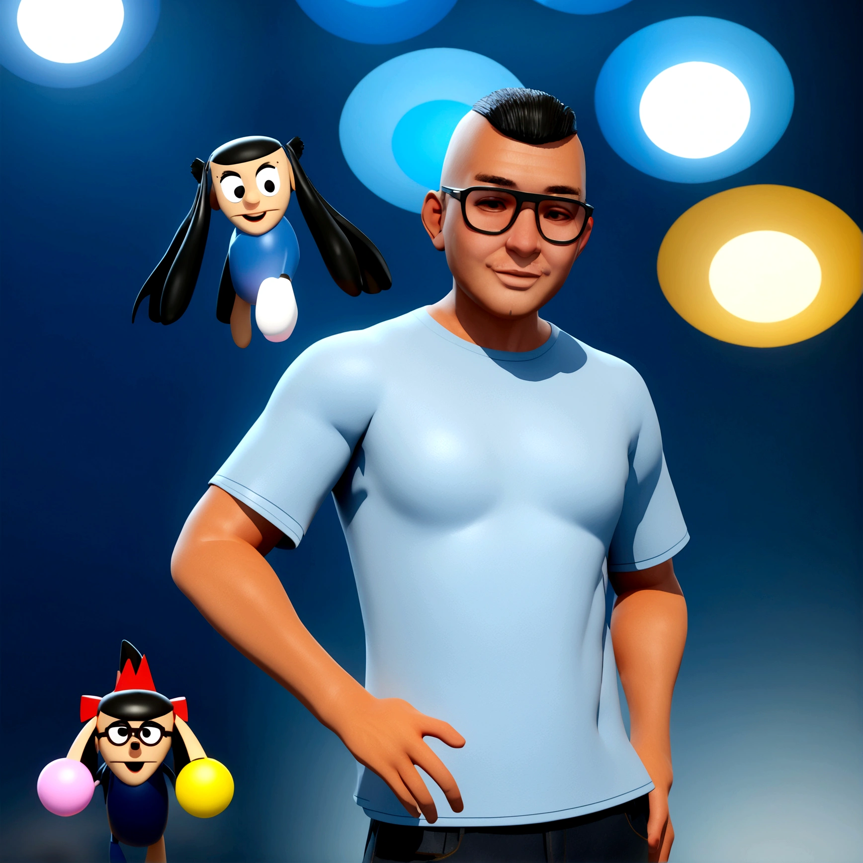 Cartoon character of a man in black glasses and blue shirt, an animated character, stylized character, animation style rendering, 3d stylized, Arnold Maya rendering, Stylized 3D rendering, toon render screenshot, 3d character, 3d character, Stylized 3D rendering, 3D character rendering, cartoon character, Personagem de close up, character posing, (Pixar-style) (master part:1.2) (bokeh) (best qualityer) (skin detailed) (detailed texture) (8K) (Argilla) (cinematic lighting) (sharp focus，Sit down and lift your upper body
