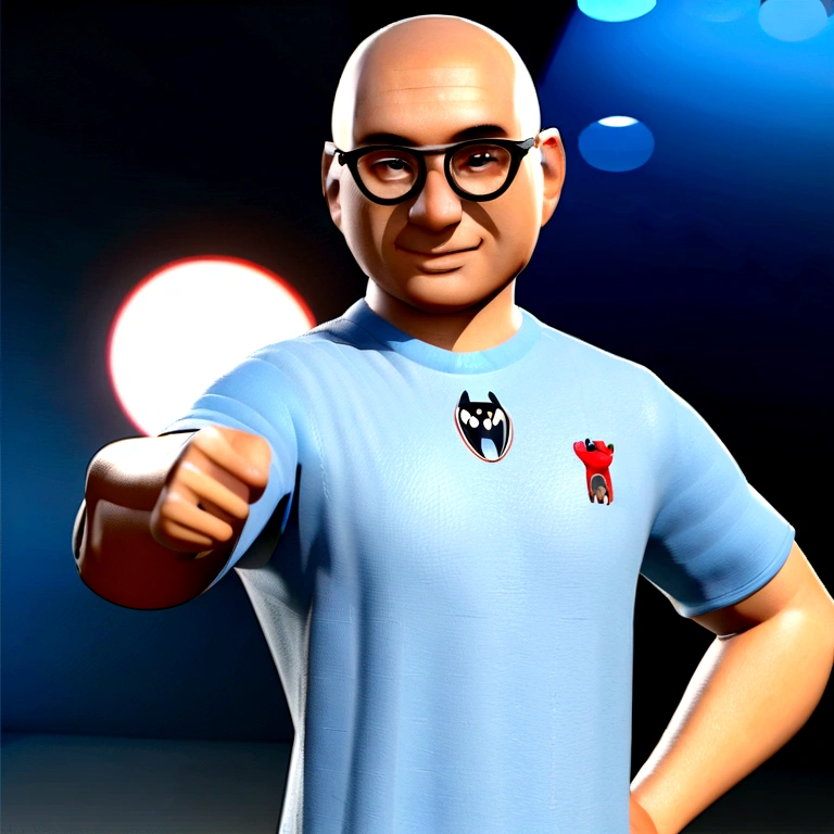 Cartoon character of a man in black glasses and blue shirt, an animated character, stylized character, animation style rendering, 3d stylized, Arnold Maya rendering, Stylized 3D rendering, toon render screenshot, 3d character, 3d character, Stylized 3D rendering, 3D character rendering, cartoon character, Personagem de close up, character posing, (Pixar-style) (master part:1.2) (bokeh) (best qualityer) (skin detailed) (detailed texture) (8K) (Argilla) (cinematic lighting) (sharp focus,Sit down and lift your upper body
