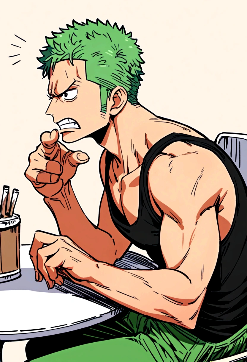 zoro from one piece sitting on chair and table, side profile, angry, one hand points to the side, tank top. 