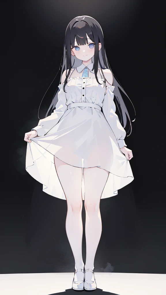 masterpiece, 8K, Detailed face, best quality, Must be created as described,  (1 girl, alone, 20 years old, 158cm), (Black hair, long hair, Straight Hair, Bangs), (innocent, Big blue eyes like diamonds), (fair skin, thin waist, long legs), (Wearing a simple pure white dress, spaghetti straps, Thin style, Skirt length no longer than thigh), (black briefs, Low waist style), (Wearing white socks), (Show your thighs, Show your arms, Lift up the skirt slightly with one hand), (Has black leather collar), (The expression looks shy, but with a smile), (light black background, Full body portrait, Stand Up Straight, symmetry)