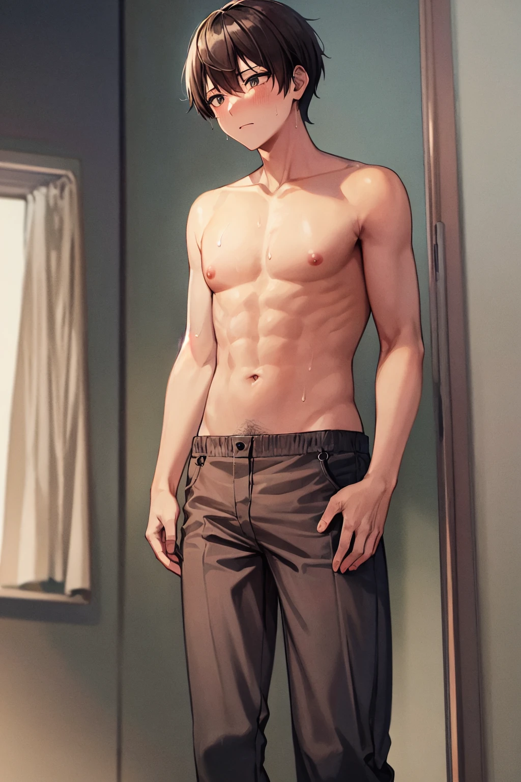 、(masterpiece、Highest quality)、Highest quality, Ultra-high resolution, (((masterpiece))), alone, Sweat、Big eyes, Composition from the front、Shortcuts、Embarrassed face、Bronze colored hair、Cut the back hair short、Bathroom、Shower scene、 Expose、Completely naked、pubic hair、belly button、Large areola、Nipples、short hair