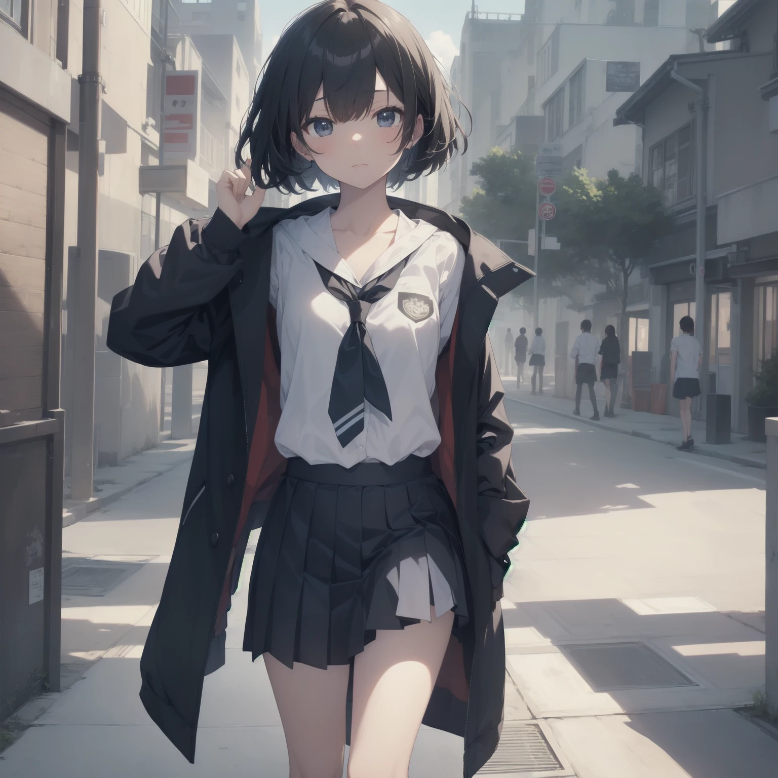 ultra-absurdres-Top quality by artist God, ultra-detailed, high resolution, anime moe artstyle, best anime 8k konachan wallpaper, pixiv contest winner, pool:2810, perfect anatomy,break, 1girl, (Please draw a girl walking sleepily to school alone. )break,(Solo,little female, 13-year-old:1.3),Full limbs, complete fingers,a junior high school student, (very short hair), short cut, flat chest, , small butt, small black eyes, beautiful detailed eyes, well-proportioned iris and pupils, expressive eyes, highres detailed hair, soft expression, salor school_uniform, sailor collar, serahuku, bow, pleated skirt,(Detailed Lighting), (Detailed background), in the School commute route. break,super detailed skin, Best cinematic lighting powered by famous artist, 8k,beauty illustration,photoshop_(medium),very aesthetic,break,((artist:yamamoto_souichirou )), artist:clamp ,artist:carnelian ,artist:kantoku ,