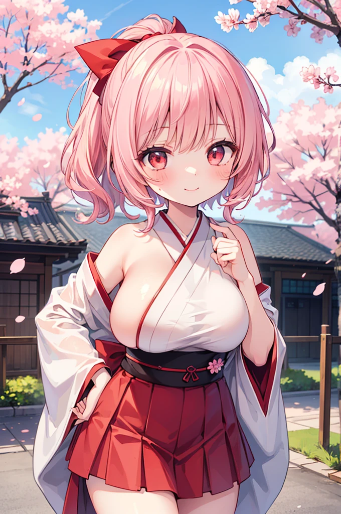 ((Masterpiece)),((high resolution)),((Best Quality)),Anime illustration,(((1girl))),,(wavy hair),(short hair),(pale pink hair color),small ponytail,Red eyes,(Big round eyes),((tareme)),15 years old,((loli face)),((very big breasts)),Short stature,,kimono,mini skirt,smile,Ladylike,cherry blossoms,