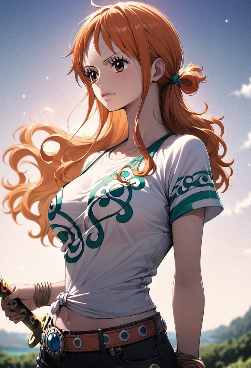 masterpiece, best quality), intricate details, 1 girl, woman, orange hair, nami \ (one piece\), (long hair), shirt, white shirt, female focus, clothes, wearing swimsuit, nature, scenery, upper body, ((front view)) ((close up shot)) ((solo)) ((hair over one eyes)) detailed, very high resolution, no blurry image, full body, orange eyes, sligh wavy hair, ((nami from one piece)) ((female nami from one piece)), holding katana, (((hair tied up)) Along with luffy