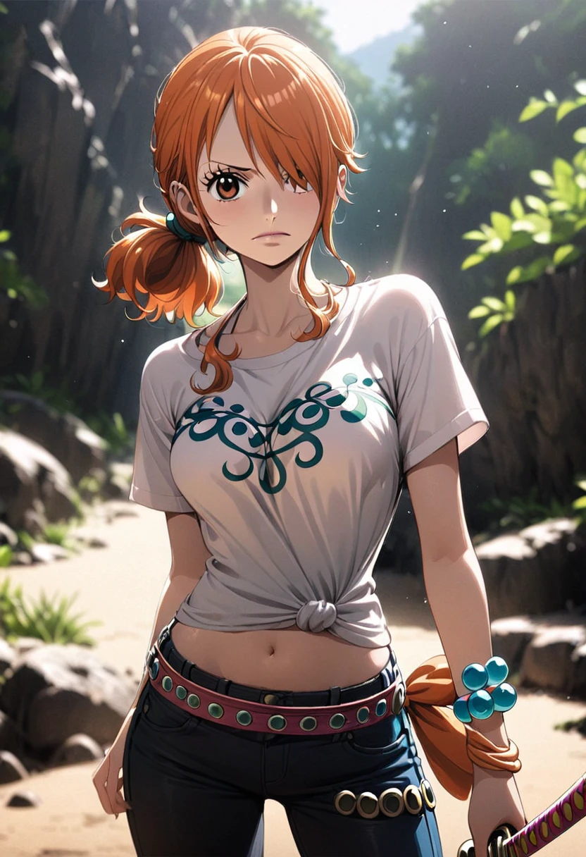 masterpiece, best quality), intricate details, 1 girl, woman, orange hair, nami \ (one piece\), (long hair), shirt, white shirt, female focus, clothes, wearing swimsuit, nature, scenery, upper body, ((front view)) ((close up shot)) ((solo)) ((hair over one eyes)) detailed, very high resolution, no blurry image, full body, orange eyes, sligh wavy hair, ((nami from one piece)) ((female nami from one piece)), holding katana, (((hair tied up)) Along with luffy