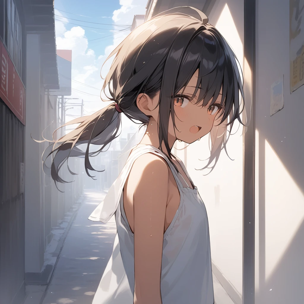 score_9, score_8_up, score_7_up, source_anime, best quality, masterpiece, official art, absurdres, highres, ultra-detailed,waifu2x,Collection: Slice of Life,break,1girl, tomboy, dark-skinned female, short hair, low ponytail, flat chest, beautiful detailed eyes, short shorts, sweat, open mouth, (yawn:0.3), sleepily, outdoors, wind,break,(clear line illustration:1.2), super detailed skin,very high resolution, very aesthetic, Best sexual lighting powered by famous artist, 8k,cute picture,beauty illustration,photoshop_(medium),,(Detailed Lighting),best anime 8k konachan wallpaper, pixiv contest winner,