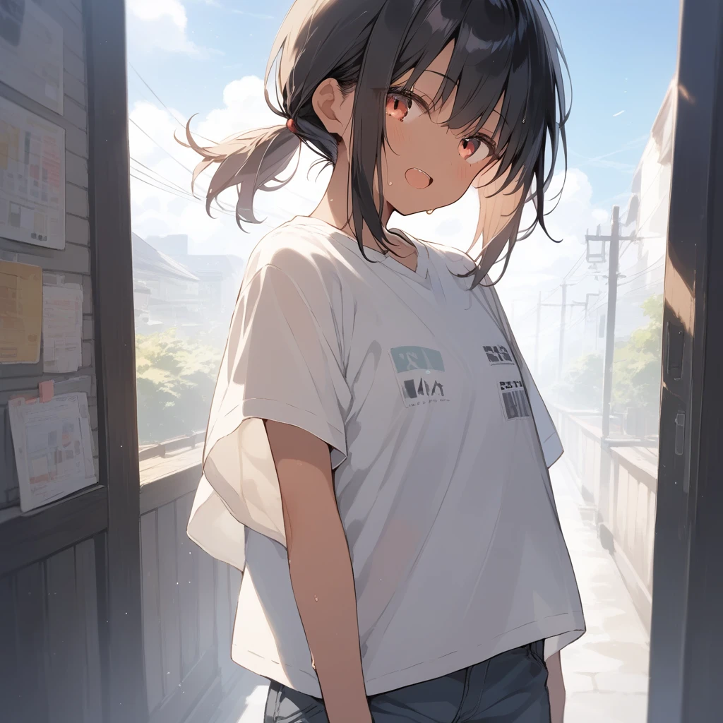 score_9, score_8_up, score_7_up, source_anime, best quality, masterpiece, official art, absurdres, highres, ultra-detailed,waifu2x,Collection: Slice of Life,break,1girl, tomboy, dark-skinned female, short hair, low ponytail, flat chest, beautiful detailed eyes, short shorts, sweat, open mouth, (yawn:0.3), sleepily, outdoors, wind,break,(clear line illustration:1.2), super detailed skin,very high resolution, very aesthetic, Best sexual lighting powered by famous artist, 8k,cute picture,beauty illustration,photoshop_(medium),,(Detailed Lighting),best anime 8k konachan wallpaper, pixiv contest winner,