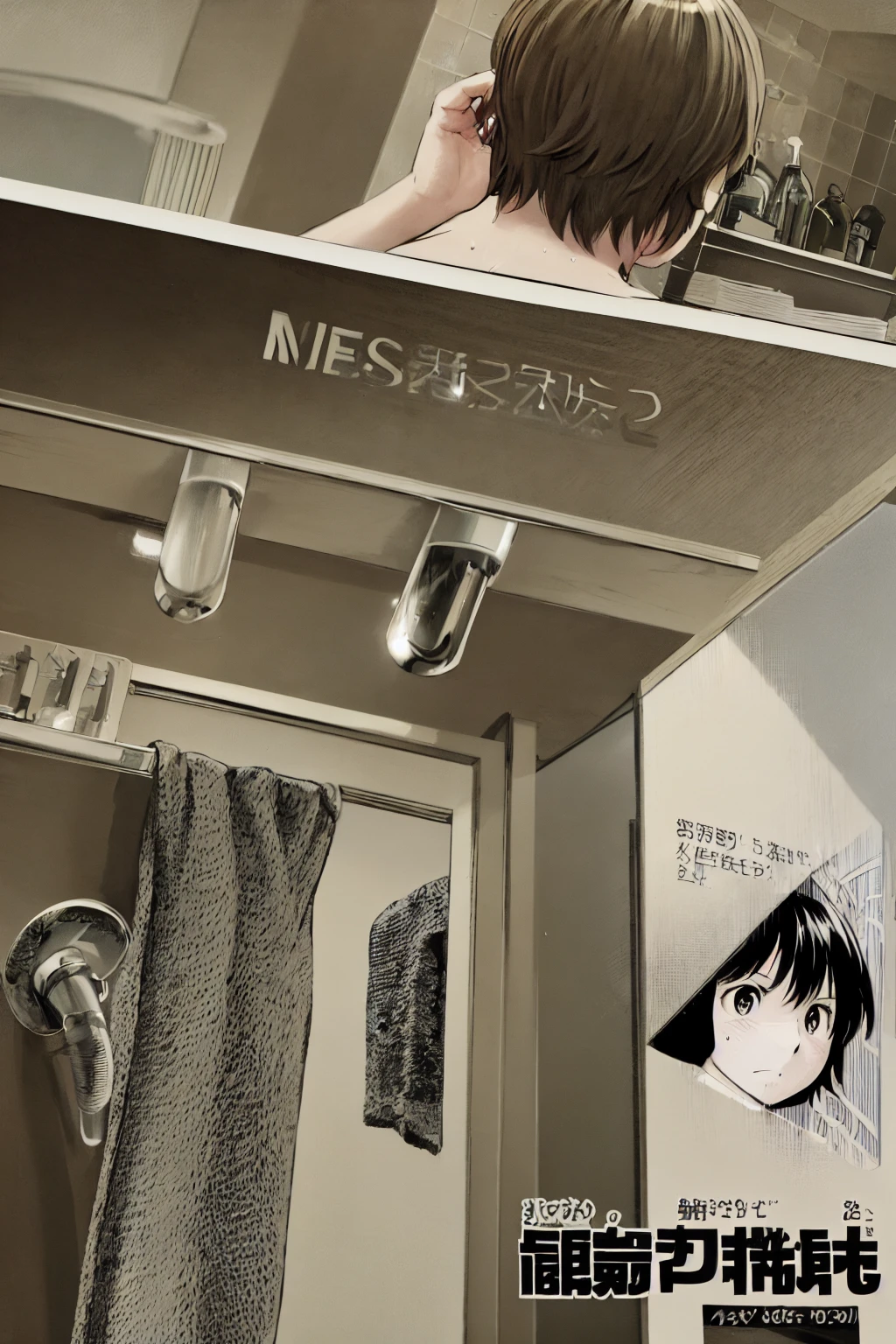 、(masterpiece、Highest quality)、Highest quality, Ultra-high resolution, (((masterpiece))), alone, Sweat、Big eyes, Composition from the front、Shortcuts、Embarrassed face、Bronze colored hair、Cut the back hair short、Bathroom、Shower scene、 Expose、Completely naked、pubic hair、belly button、Large areola、Nipples、short hair