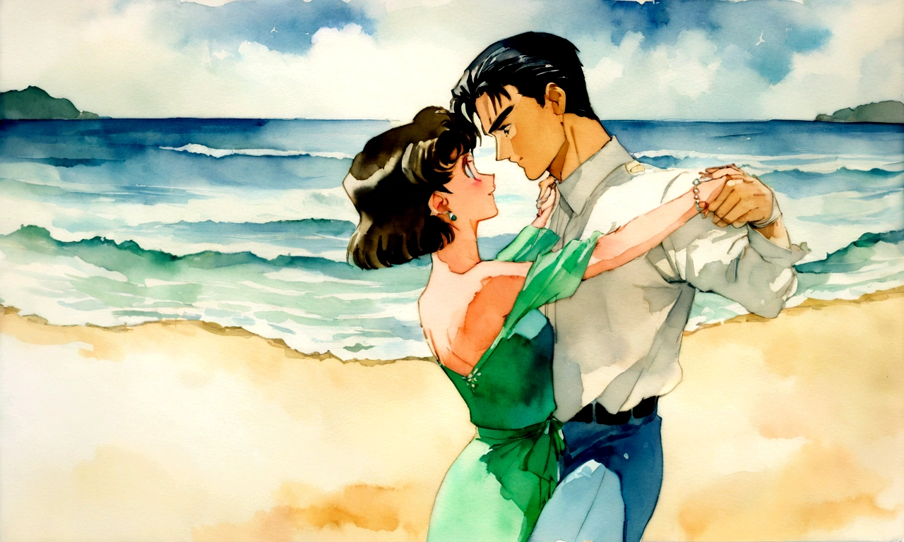 [Vintage Men&#39;s and Women&#39;s], Ancient Anime, 1980s \(style\), 1990s \(style\), watercolor \(middle\), , ((Highest quality)), ((masterpiece)), [Detailed], [Anime and manga images], [Women have small breasts], Couple dancing on the beach,