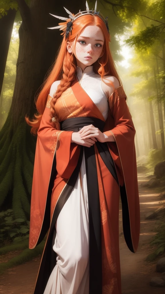 18 years old princess, striking figure, long ginger hair, wavy hairs, fair skin, (((freckles))), ((kolito)), innocent and regal appearance, expressive eyes are filled with a mix of curiosity and determination, her slender frame, elegant grace, vibrant orange kimono with white and black decorations, ornata kimono, very long ((sleeves past fingers)), sleeves past wrists, feather headdress, in a forest