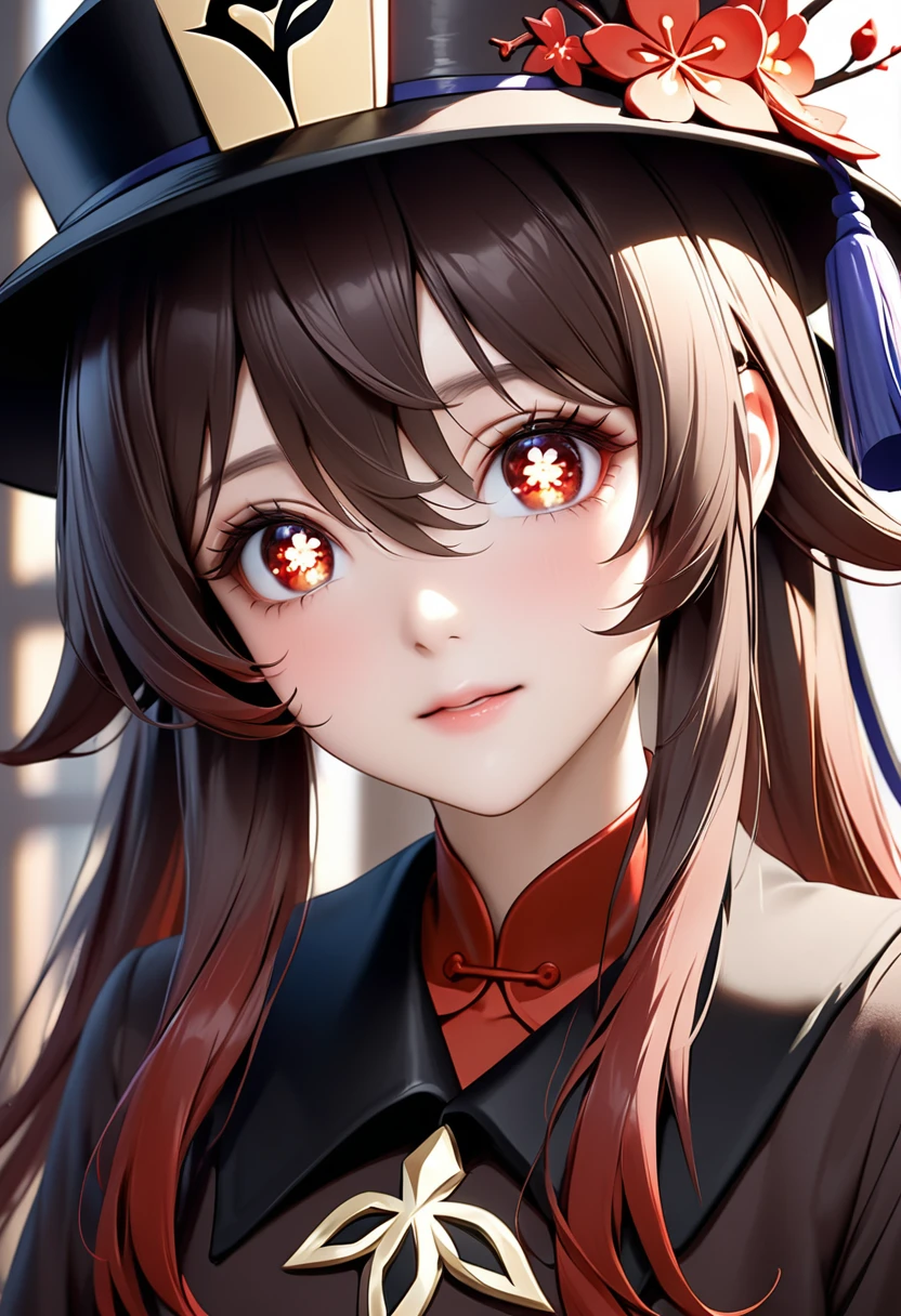 face, closeup, closeup shot, shiny hair, shiny clothes, shiny, extremely detailed eyes, extreme details, realistic, cinematic, detailed, masterpiece, 4k, 8k, , PunkAI,, FantasyAI_Burple,, indoors, hu tao (genshin impact), genshin impact, hat, symbol-shaped pupils, red eyes, brown hair, star-shaped pupils, flower-shaped pupils, bangs, black nails, black headwear