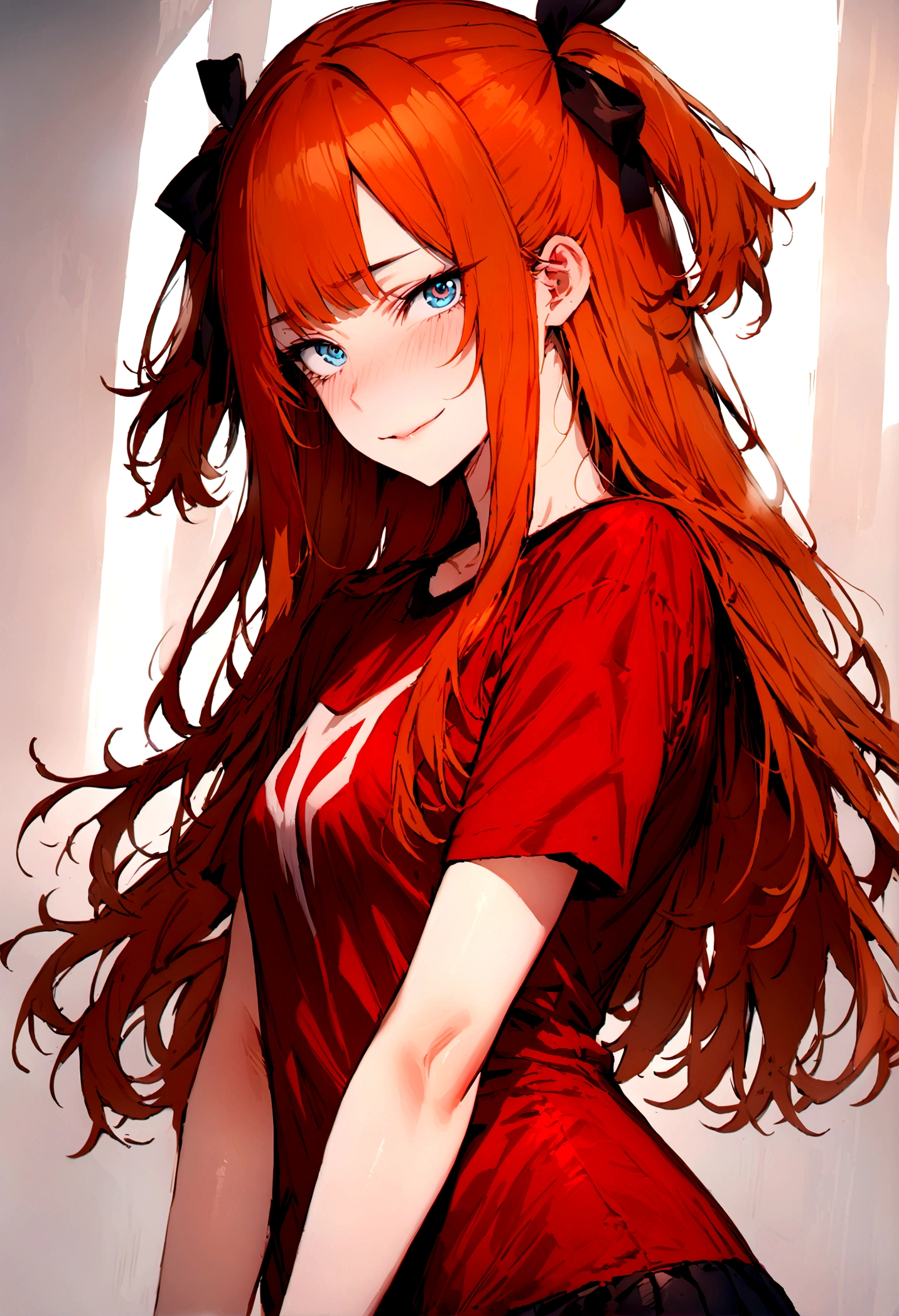 (masterpiece), best quality, expressive eyes, perfect face, 1girl, solo, blue eyes, dark orange Hair, Loose hair, hair ribbon, long hair, black ribbon, sidelocks, bangs two side up, smile, dark red shirt, short sleeves, black plated mini skirt, slim figure, looking at viewer,