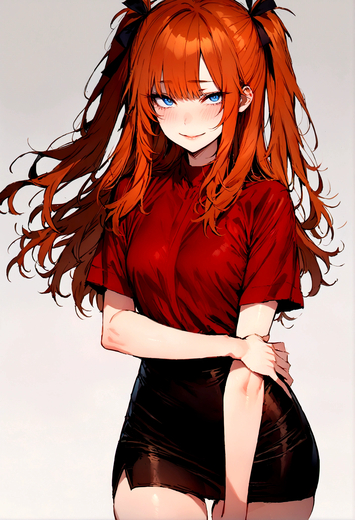 (masterpiece), best quality, expressive eyes, perfect face, 1girl, solo, blue eyes, dark orange Hair, Loose hair, hair ribbon, long hair, black ribbon, sidelocks, bangs two side up, smile, dark red shirt, short sleeves, black plated mini skirt, slim figure, looking at viewer,