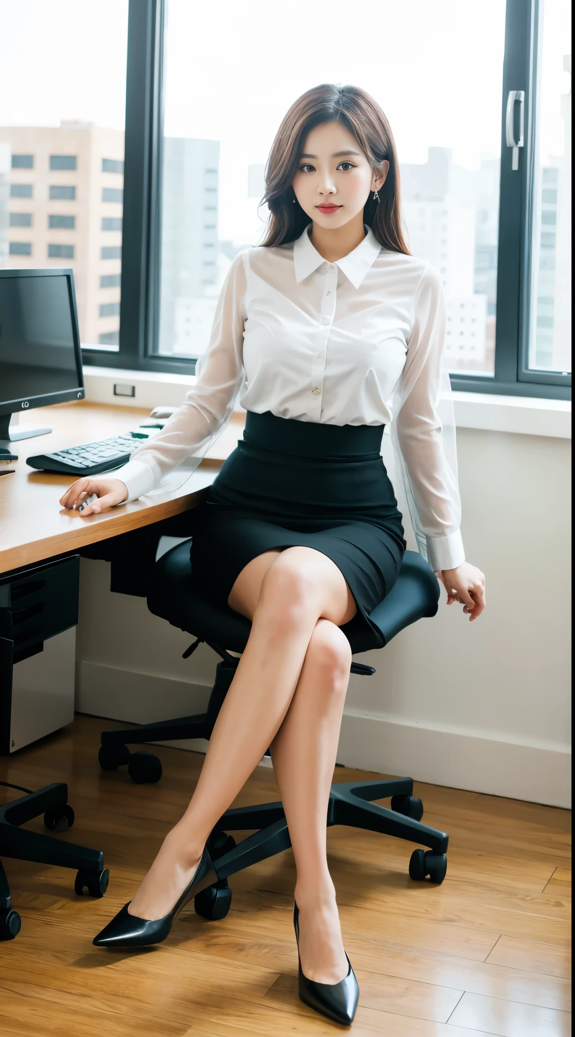 ulzzang-6500-v1.1,(RAW Photos:1.2), (See-through:1.3), (Genuine:1.4), Upper class woman working in an office, Don't look at the audience、Turn away、wear an ultra-thin silk blouse over naked、wear ((See-through silk blouse:1.3)), Incredible beauty、Pantyhose and skirt, (Ultra-realistic pantyhose:1.3)、Elegant Japan Woman, Korean Model、Ultra-thin white shirt and gray skirt, Transparent grey skirt, Japanese Model, wear a blouse, Street fashion in Japanese cities, Japanese Street Fashion, Wearing long, loose clothing, Dressed in fluent clothes, Very cute model, wear a white blouse, Cute and elegant pose、Grin、 RAW Photos, (In 8K、Highest quality、masterpiece:1.2)、(Intricate details:1.4)、(Photorealistic:1.4)、Octane Rendering、Complex 3D rendering with ultra-detail, Sharp focus, Vivid details, Super Detail, Realistic skin texture, Detailed aspect, Beautiful details in the eyes, Highly detailed CG Unity 16k wallpaper, Makeup, (Detailed Background:1.2), Realistic skin texture、Glowing Skin、Exposed thighs!!!、