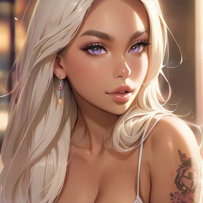 Cyberpunk City, Street, Night, neon light, neon sign, masterpiece, best quality, highres, large ass, 1 girl, long white hair, two tails hairstyle, wearing a black strapless bra and a skirt, looking at the viewer, having a flirty smirk, showing full body