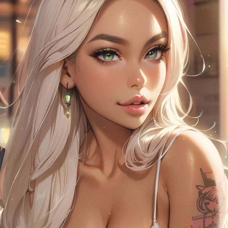 ((trabalho de arte)), ((melhor qualidade)), ((directly in sight):1.6), (tiro de vaqueiro): 1.0), (hard Luzing, volumetric Luzing: 1.0). Uma mulher, 26 anos de idade, ((platina_cabelo)), branco, silver cabelo, long cabelo, dreadlocks, platina eyebrows, ((platina_cabelo):1.0), garota linda, ((perfeito_face)), perfeito facial proportions, tamanho de olho adequado, formato de nariz adequado, Luz_verde_olhos, pele clara, pale complexion, ((perfeito_face):1.2), (perfeito body: 1.0), tatuagem tribal no corpo. --Com: 0.4