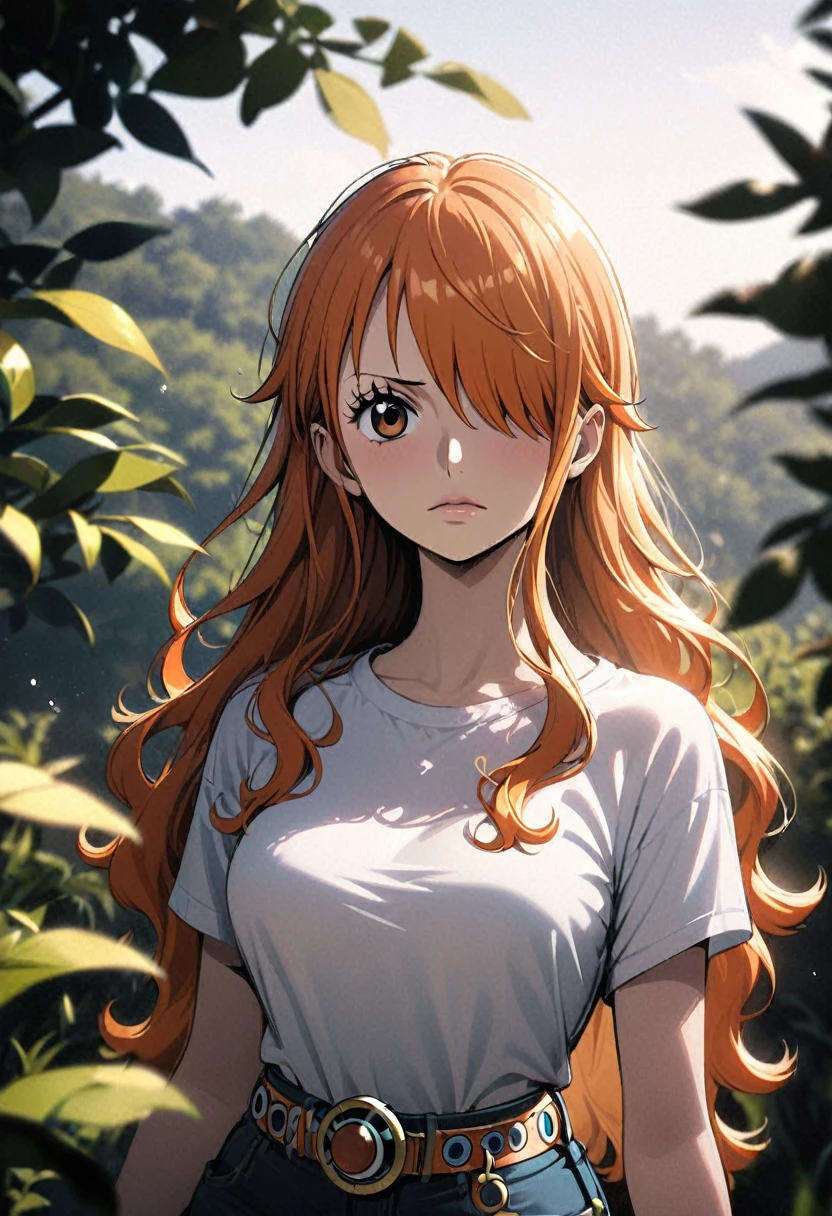 masterpiece, best quality), intricate details, 1 girl, woman, orange hair, nami \ (one piece\), (long hair), shirt, white shirt, female focus, clothes, wearing swimsuit, nature, scenery, upper body, ((front view)) ((close up shot)) ((solo)) ((hair over one eyes)) detailed, very high resolution, no blurry image, full body, orange eyes, sligh wavy hair, ((nami from one piece)) ((female nami from one piece))