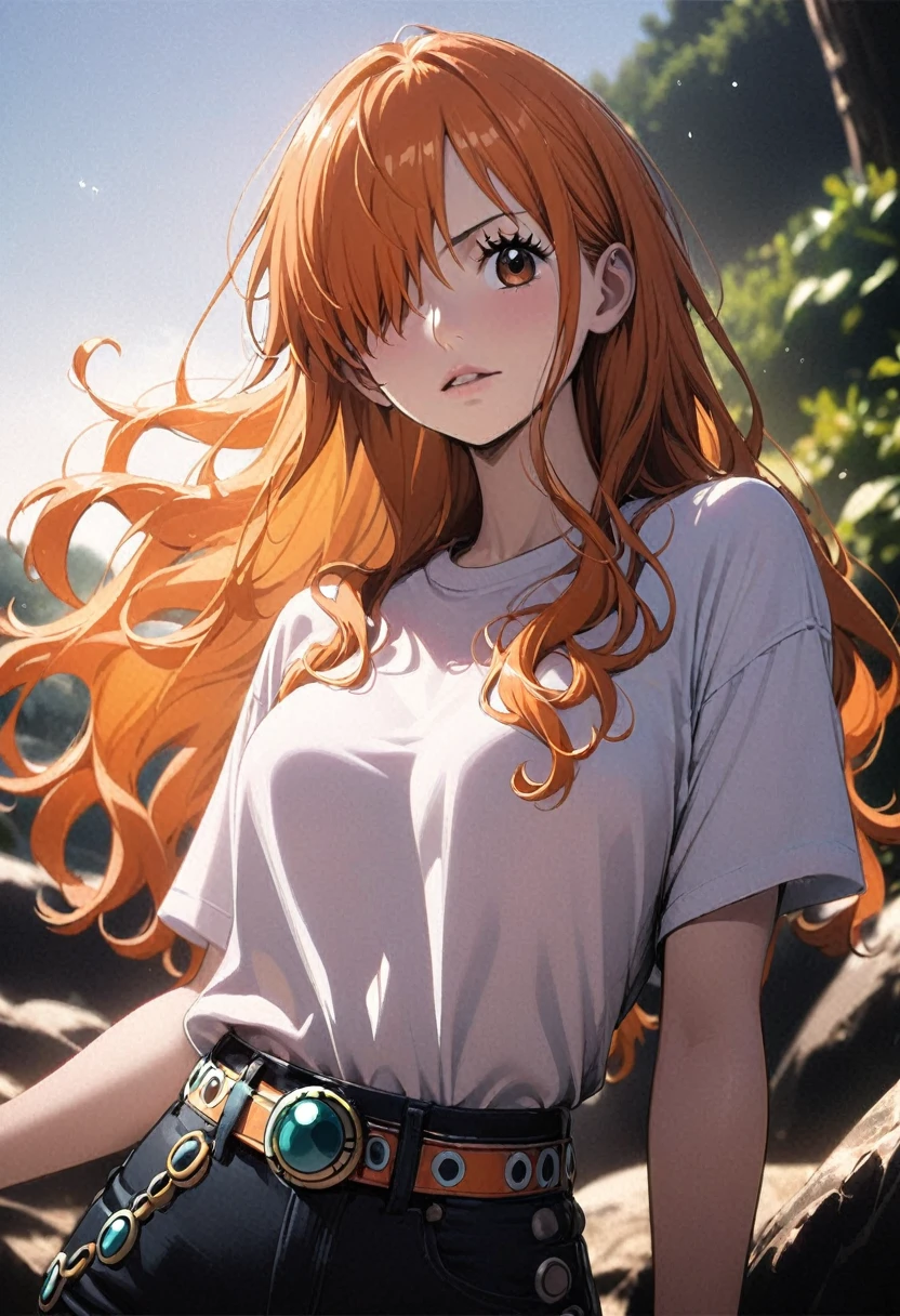 masterpiece, best quality), intricate details, 1 girl, woman, orange hair, nami \ (one piece\), (long hair), shirt, white shirt, female focus, clothes, wearing swimsuit, nature, scenery, upper body, ((front view)) ((close up shot)) ((solo)) ((hair over one eyes)) detailed, very high resolution, no blurry image, full body, orange eyes, sligh wavy hair, ((nami from one piece)) ((female nami from one piece))