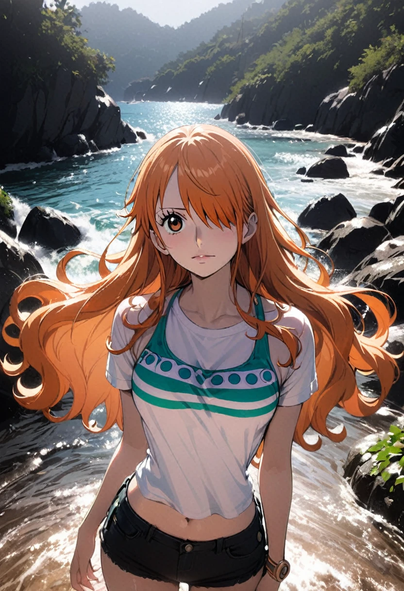 masterpiece, best quality), intricate details, 1 girl, woman, orange hair, nami \ (one piece\), (long hair), shirt, white shirt, female focus, clothes, wearing swimsuit, nature, scenery, upper body, ((front view)) ((close up shot)) ((solo)) ((hair over one eyes)) detailed, very high resolution, no blurry image, full body, orange eyes, sligh wavy hair, ((nami from one piece)) ((female nami from one piece))