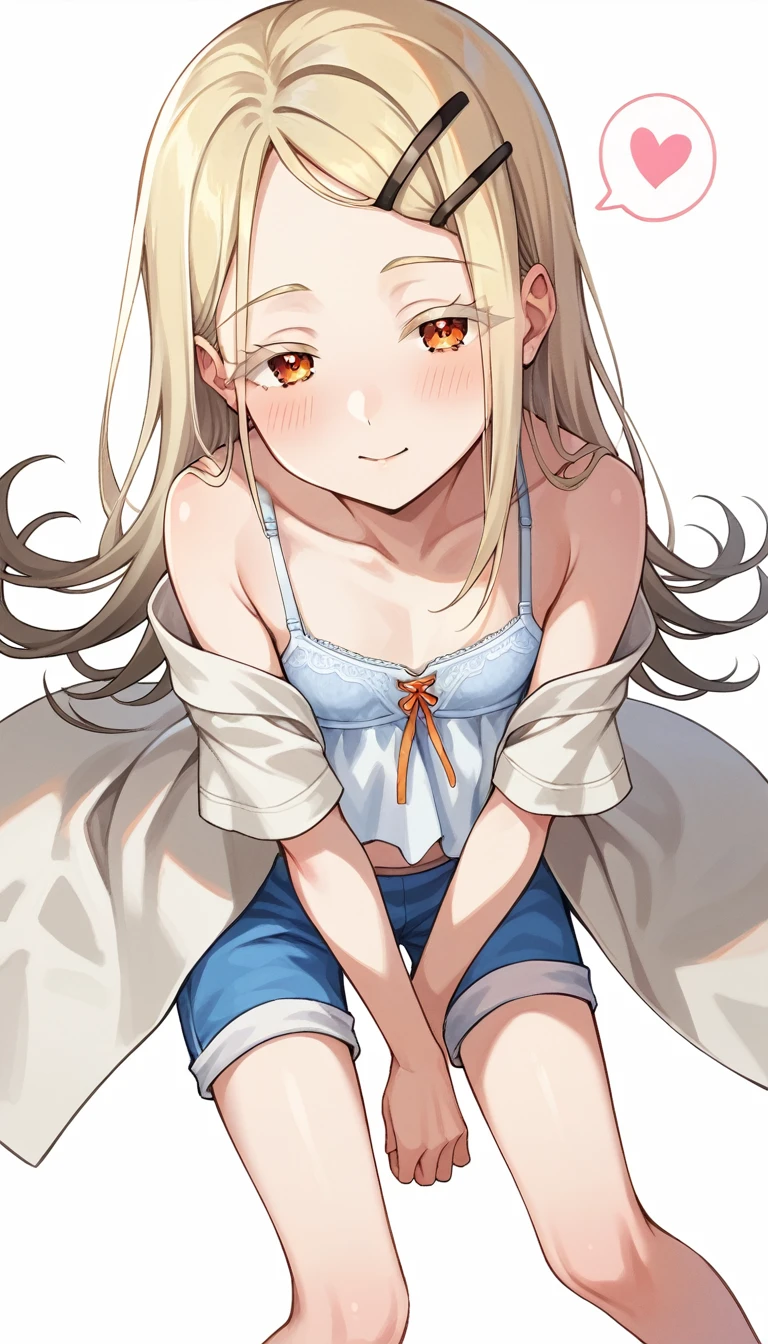 16k,score_9, score_8_up, score_7_up, source_anime,,super detailed , hiro-default,shinosawa hiro,slender,orange eyes,white eyelashes,blonde hair,long hair,hairclip,white camisole,blue shorts,coat, (heart eyes),(heart in eyes),spoken heart,very cute,half closed eyes,flat chest ,blush,beautiful face,beautiful eyes,details eyes,white background ,((from above)), (bra slip from camisole,clothed),(((bra focus)))