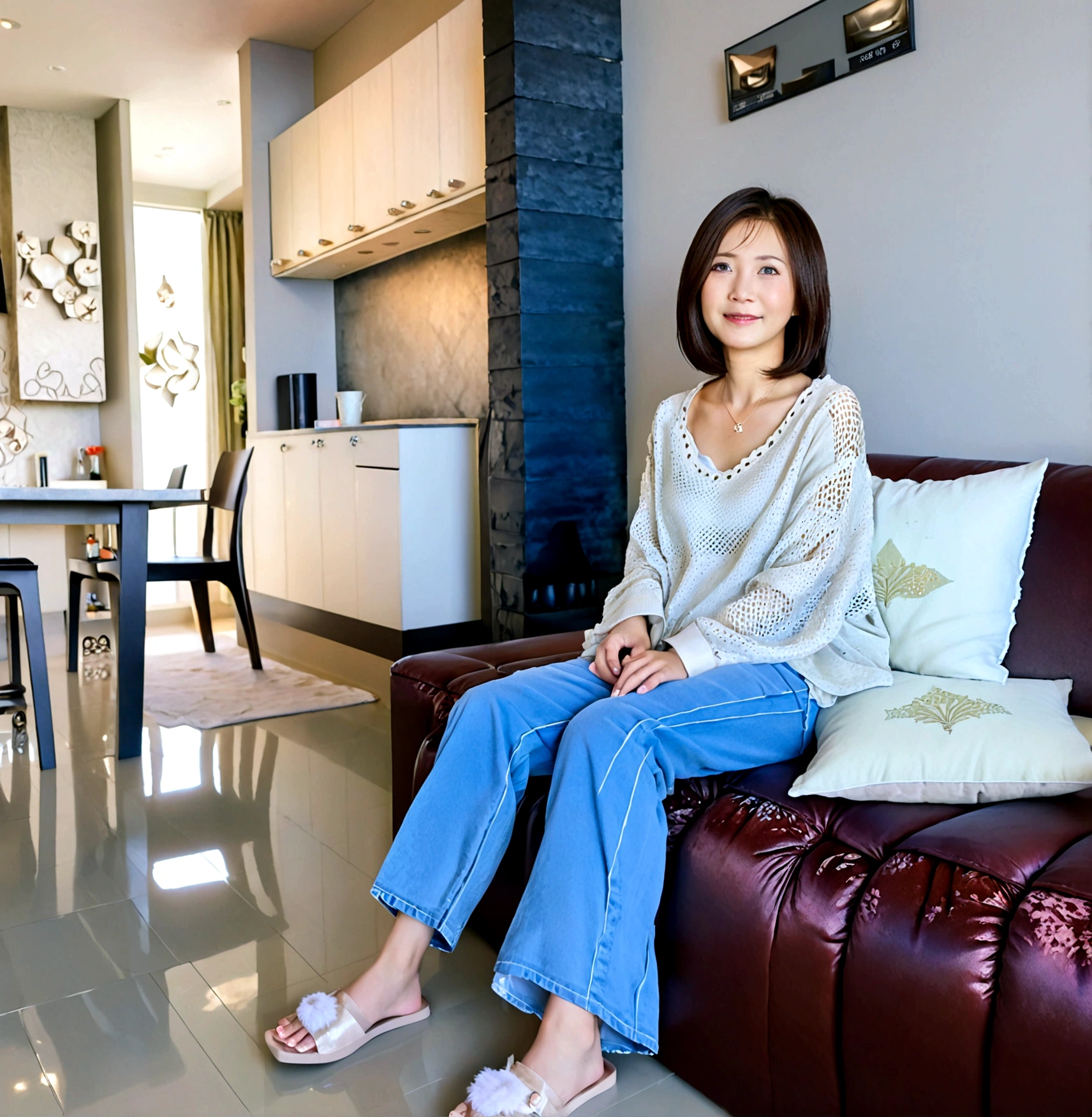Beautiful Korean Woman , 32 inch chest size, Your eyes are big and pretty. Wearing a high-end luxury brand cardigan, Casual jeans, short medium hair, Smile. sit on the sofa , uhd