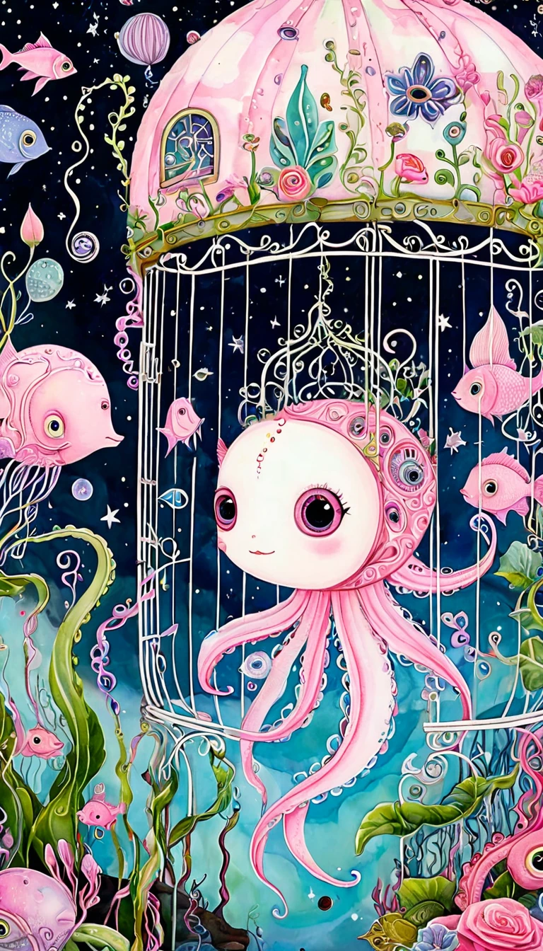 Light pink fish in the birdcage，plant，Tentacles，Eye、Starry Sky，Stitching together an abstract painting，Describing the inner world of autistic people，Sense of space，White Space，interesting，Innocence，Psychedelic Art，Pink theme