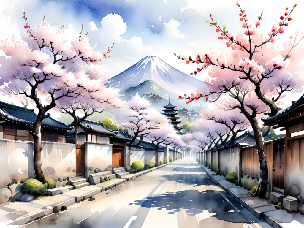 White background
a watercolor illustration of Japanese plum trees
Many fine plum trees are designed to slip between and between the traditional streets of old Japan
The road between the streets is wide
Tasteful, Japanese-style design
chic and modern design
monotone
The background is white