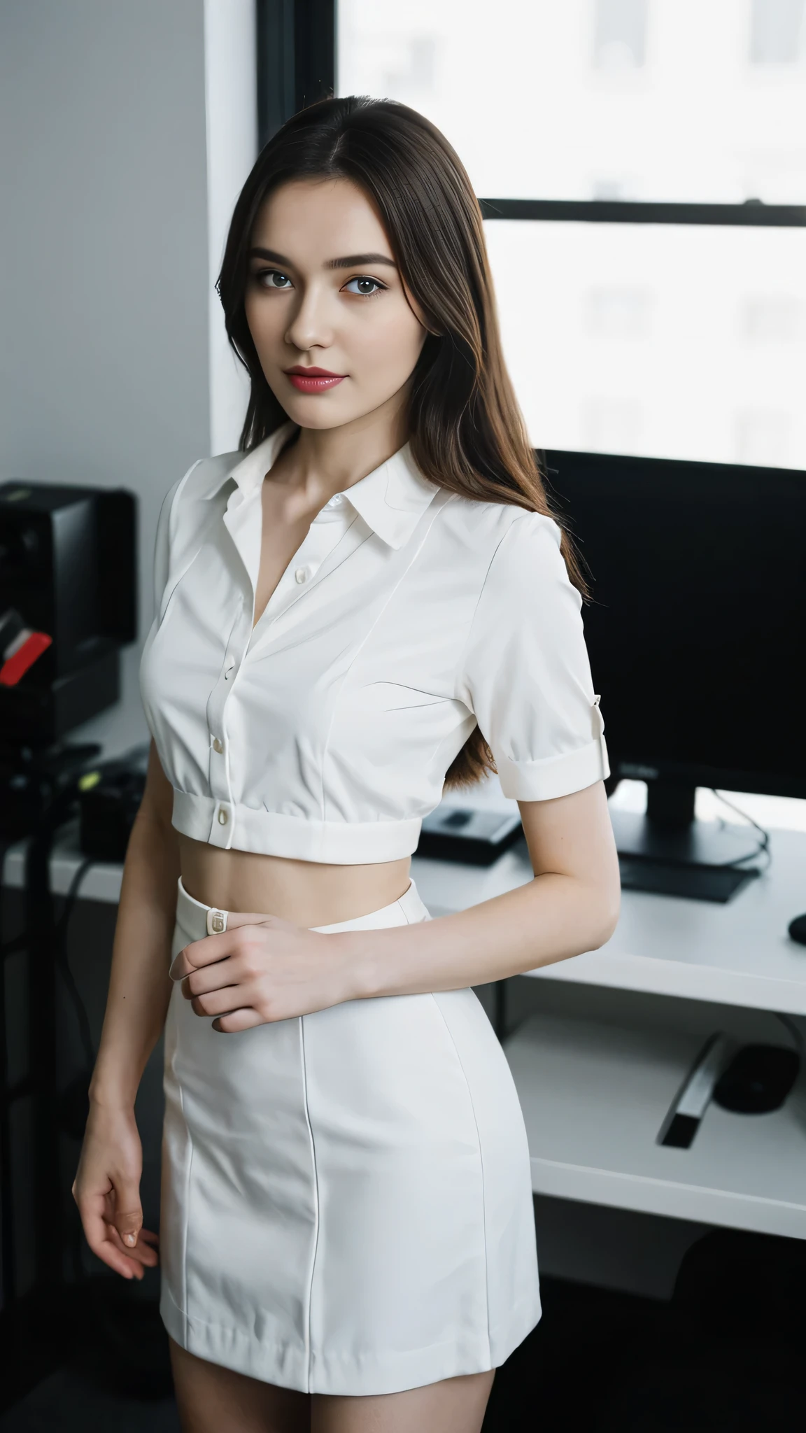 an Ukrainian woman with beautiful Delicate eyes, Beautiful and delicate lips, Extremely detailed face and skin, Pale skin, 23 years old, wearing a suit, black hip skirt, high heels, medium long shot, standing in the office, long legs, full body portrait. Beautiful photography,Long eyelashes, Good anatomy , Practical skin texture, Delicate eyes, professional, 4K, Wide-angle lens, Optical Depth of Field, Kodak Vision Color, Perfectly proportioned body, Extremely detailed, ultra-photoPractical, Practical, Post-Processing, Maximum details, Roughness, real life, ultra -Practical, Photorealism, photography, 8K Ultra HD, photography