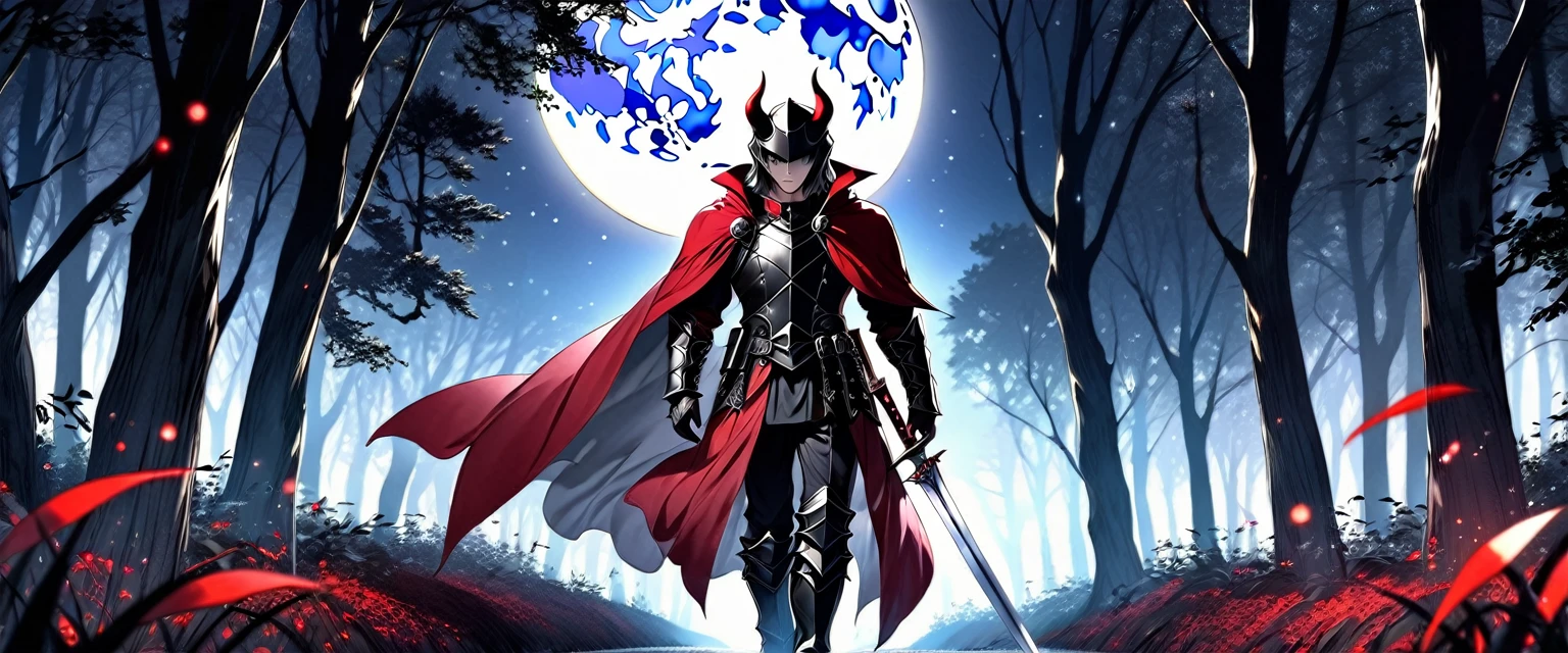 (High Definition 1.5) (High Quality 1.5) (Detailed 1.5) (Masterpiece) (Perfect)
1man, strong and tall, full armor, dark metal armor, shiny metal, gothic, ancient style, helmet with horns, red cape, sword at his waist. Lonely path, dark forest, bright night, bright full moon
