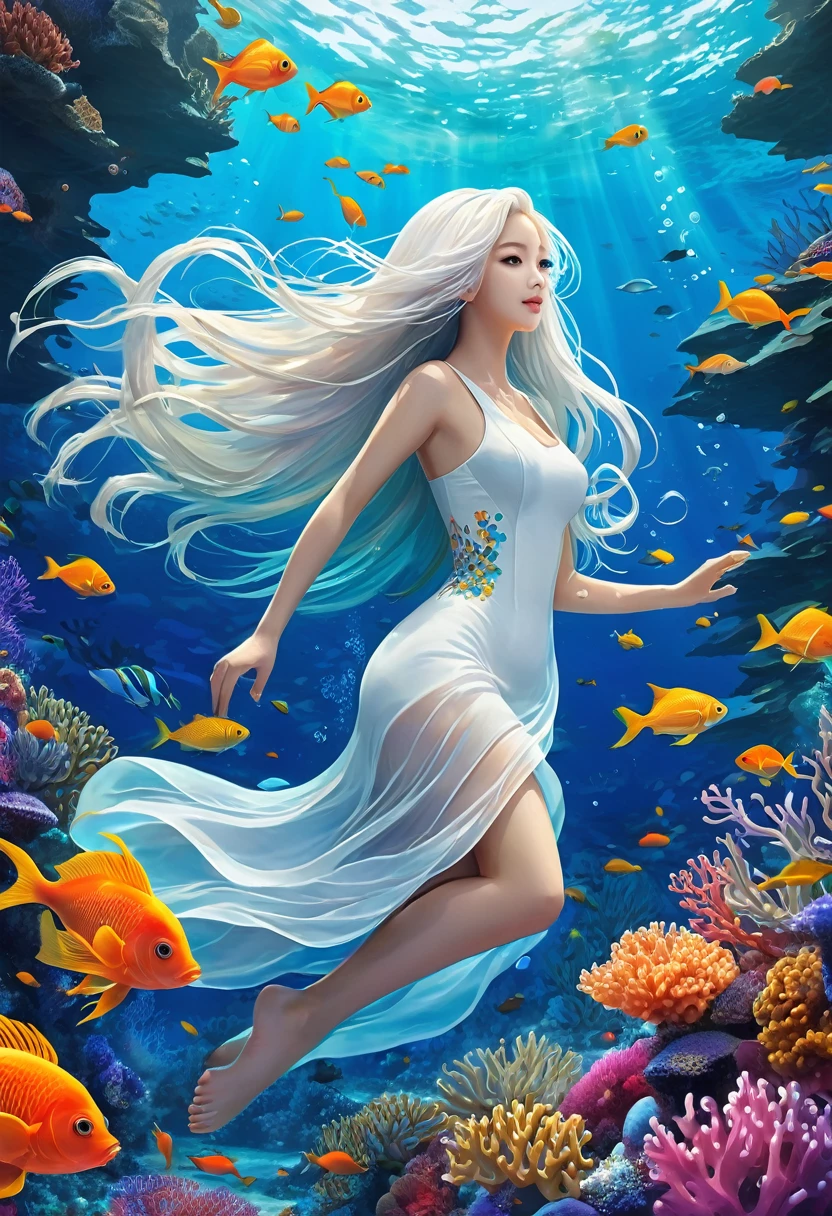 Conceptual Art of Marine Life, Underwater scenery, Life at sea，Beautiful coral reefs come in many shapes, 3d，, fish, Female anime fantasy illustration. Long white hair scattered in the sea, drift, Very harmonious. The painting as a whole adopts a messy and imaginative style.. The colors are bright and saturated, With smooth lines. The mystery and beauty of the sea, The painting depicts an underwater world full of life and vitality., Animation Art Wallpaper 8K