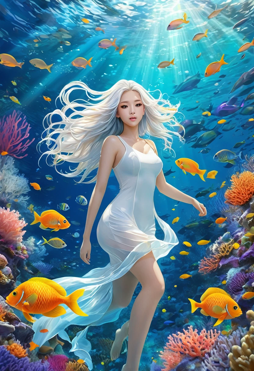 Conceptual Art of Marine Life, Underwater scenery, Life at sea,Beautiful coral reefs come in many shapes, 3d,, fish, Female anime fantasy illustration. Long white hair scattered in the sea, drift, Very harmonious. The painting as a whole adopts a messy and imaginative style.. The colors are bright and saturated, With smooth lines. The mystery and beauty of the sea, The painting depicts an underwater world full of life and vitality., Animation Art Wallpaper 8K